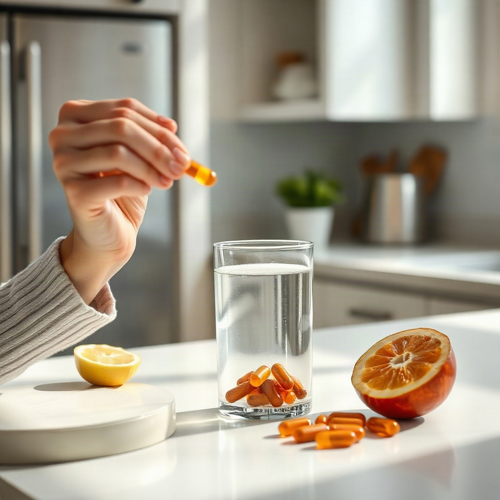 Person taking a daily multivitamin capsule with a glass of water at a bright kitchen counter, lifest