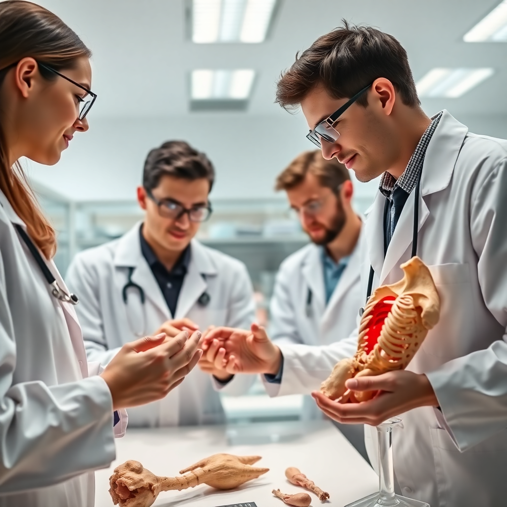 medical students examining anatomical specimens in a bright modern university laboratory, wearing lab coats, photorealistic