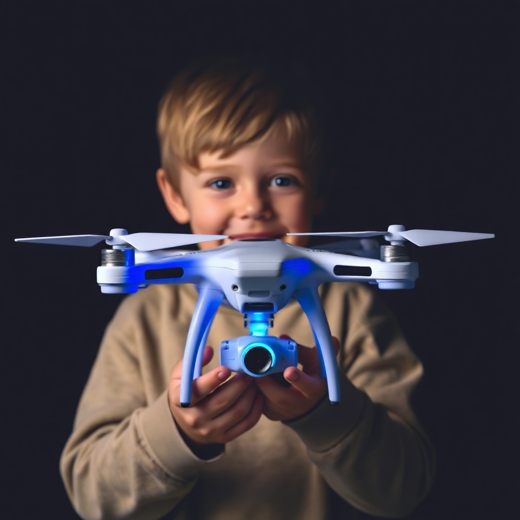 Child holding a 3D printed drone, dark studio lighting