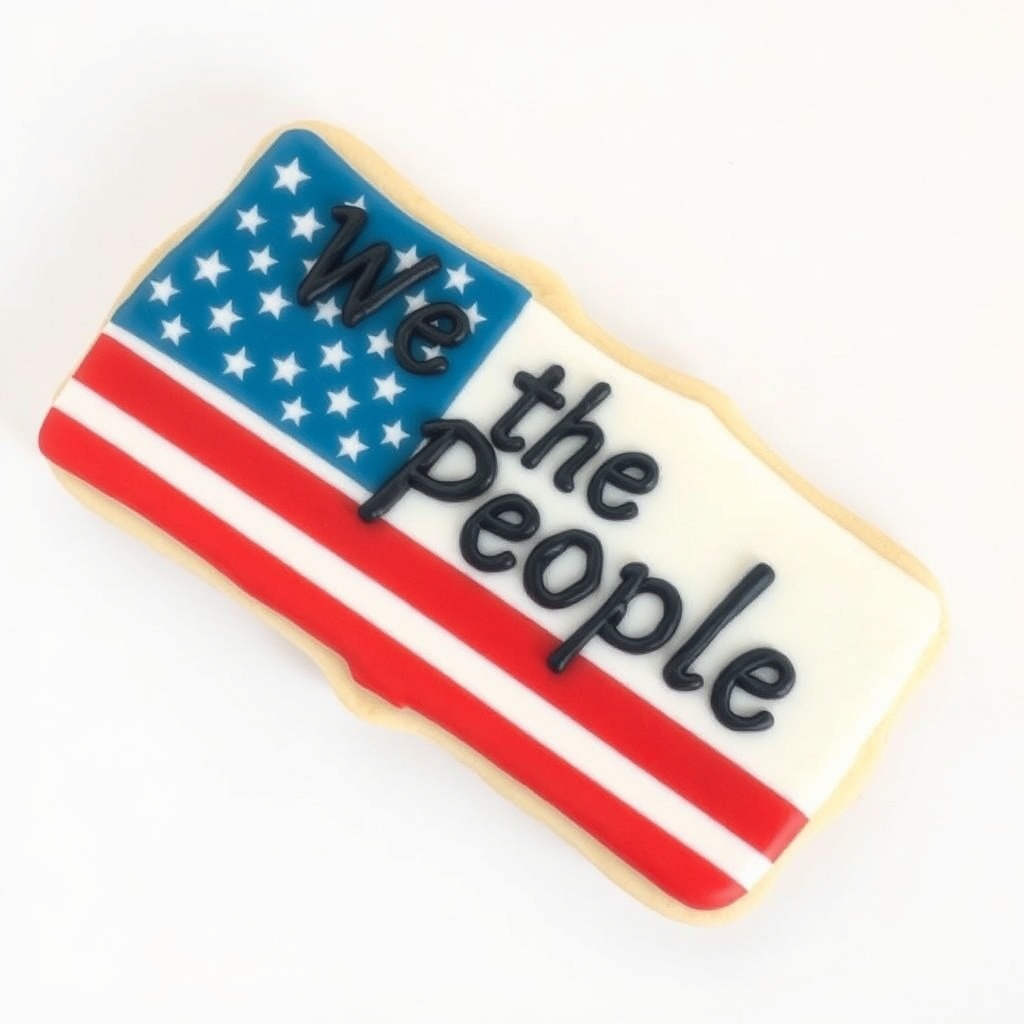 large decorated sugar cookie with american flag We The People edible print design, bakery style