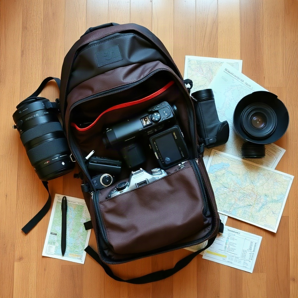 organized travel backpack with camera gear and maps on a wooden floor
