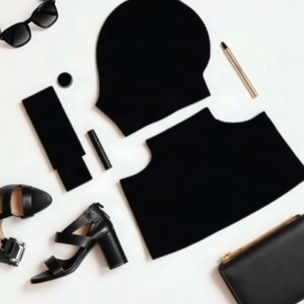 modern minimalist monochrome outfit flatlay, luxury fashion style