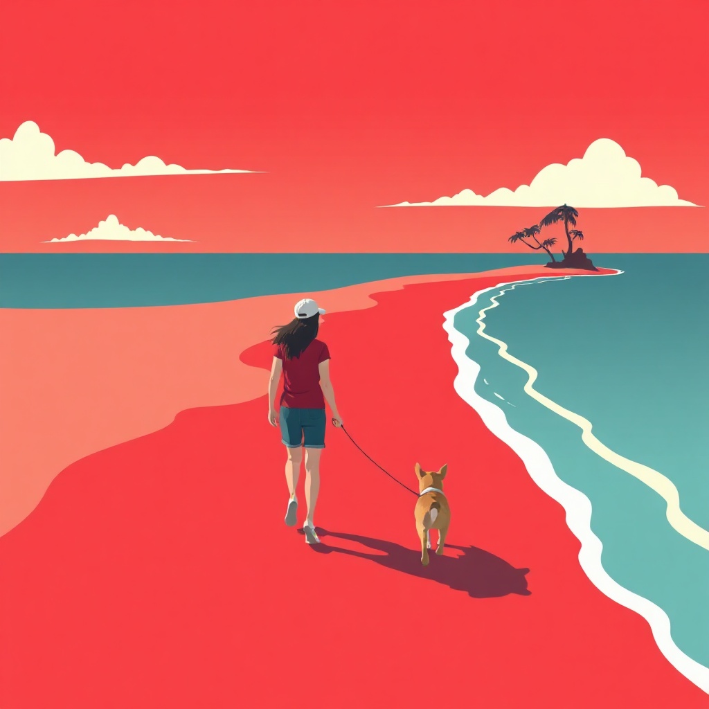 illustration of a person walking a dog on a bright red beach with a small island in distance, flat a