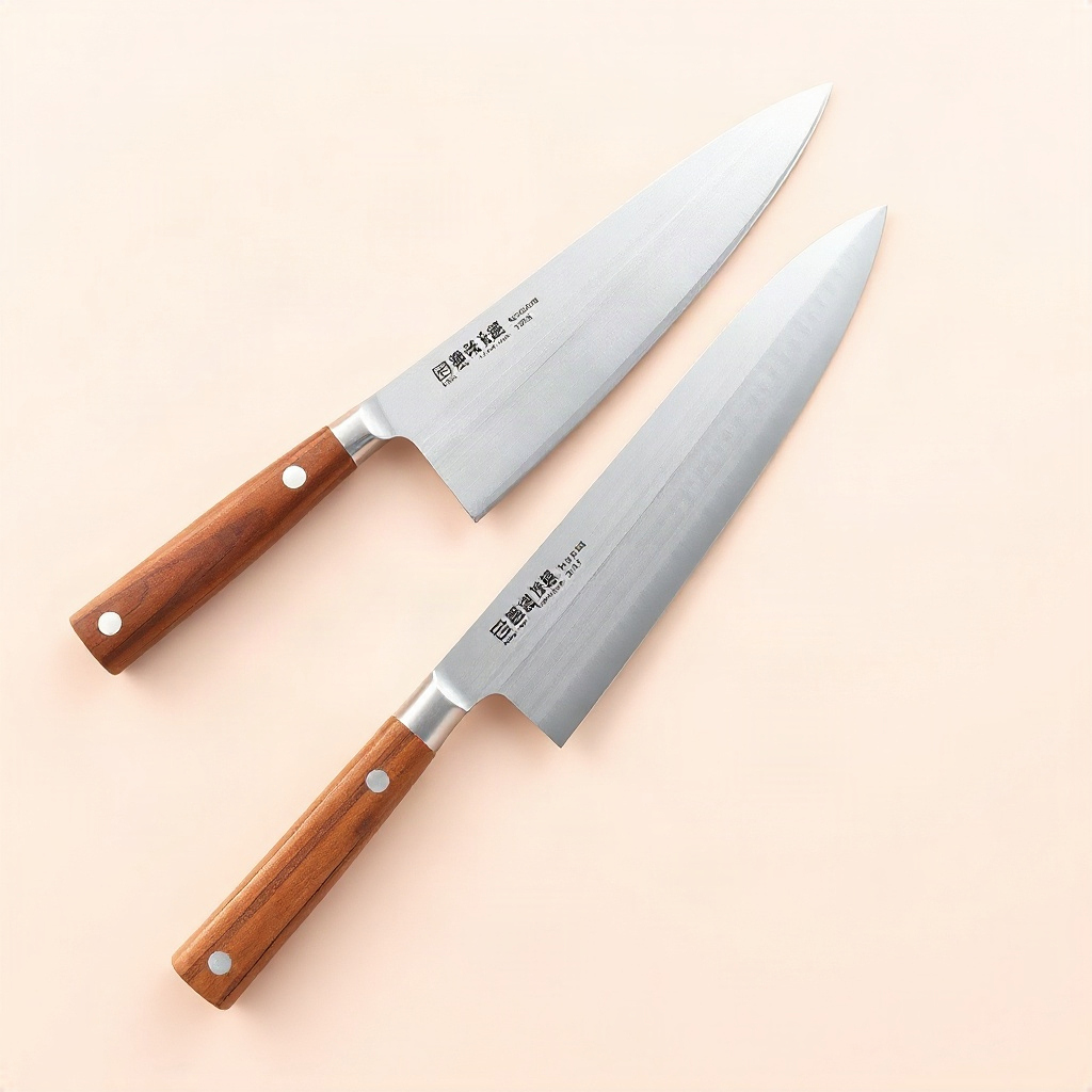 Two Japanese-style chef knives with walnut handles arranged neatly on a clean light beige studio bac