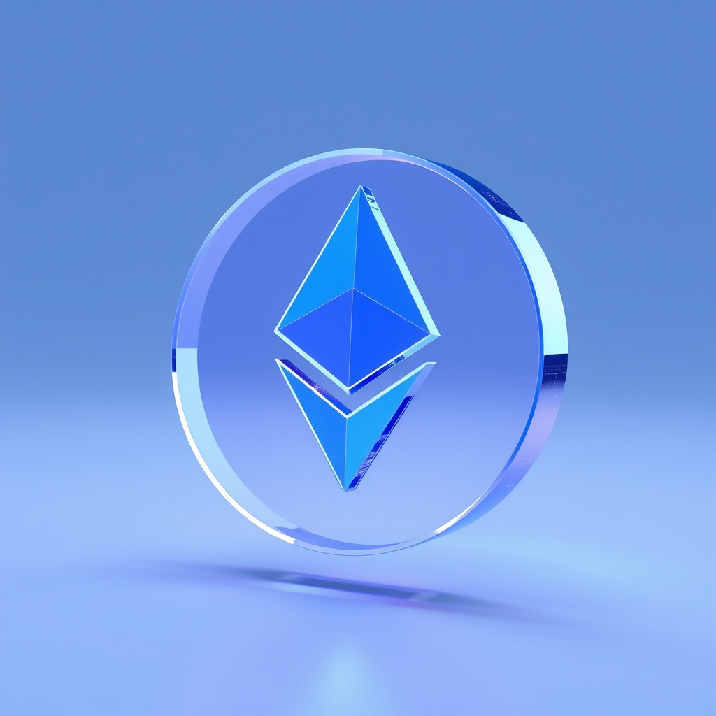 floating glass ethereum symbol, blue and purple tints, 3d render