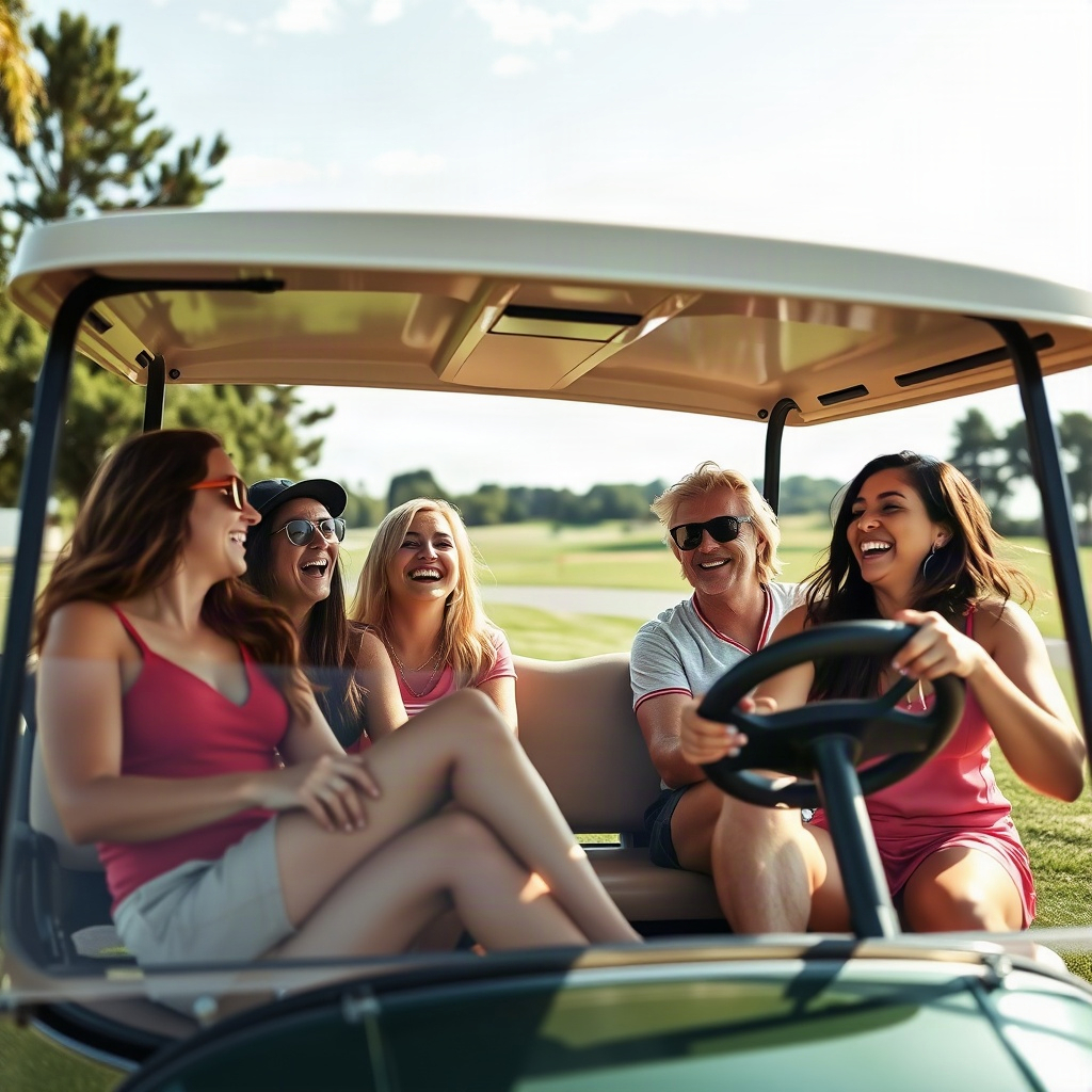 group of friends in a luxury golf cart laughing, editorial lifestyle