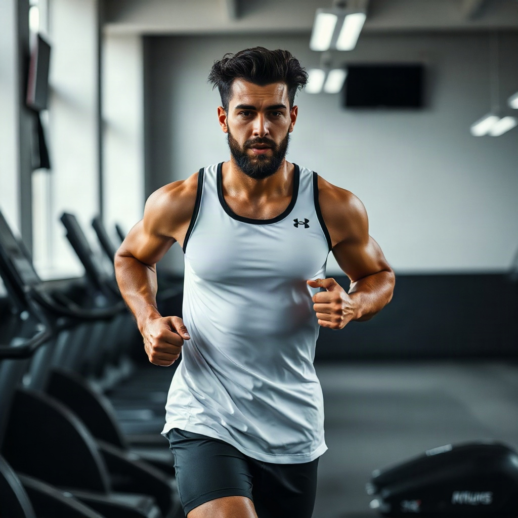 Athlete running in custom high-tech gym wear