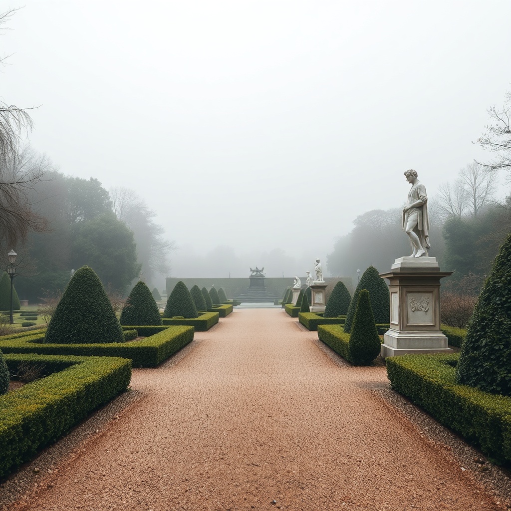 Serene historical park restoration, classical statues, manicured hedges, gravel pathways, morning mi