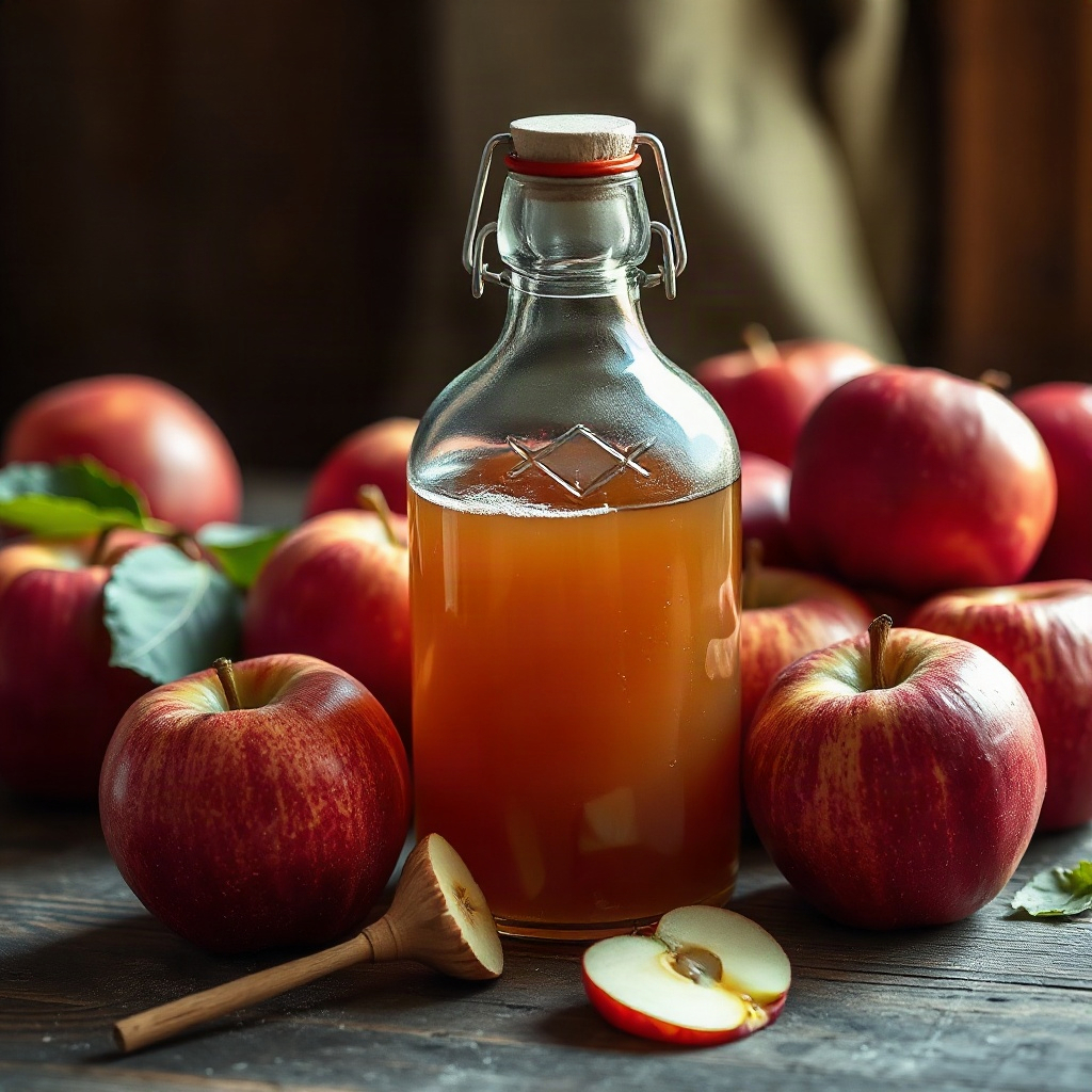 rustic glass bottle of apple cider vinegar surrounded by fresh red apples on a wooden table, warm na