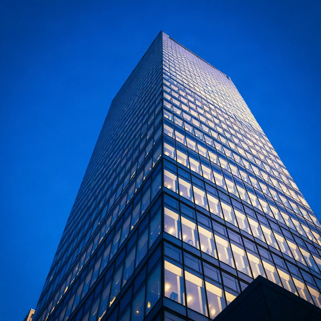 close-up detail of modern corporate skyscraper facade in Singapore, blue hour, architectural photogr