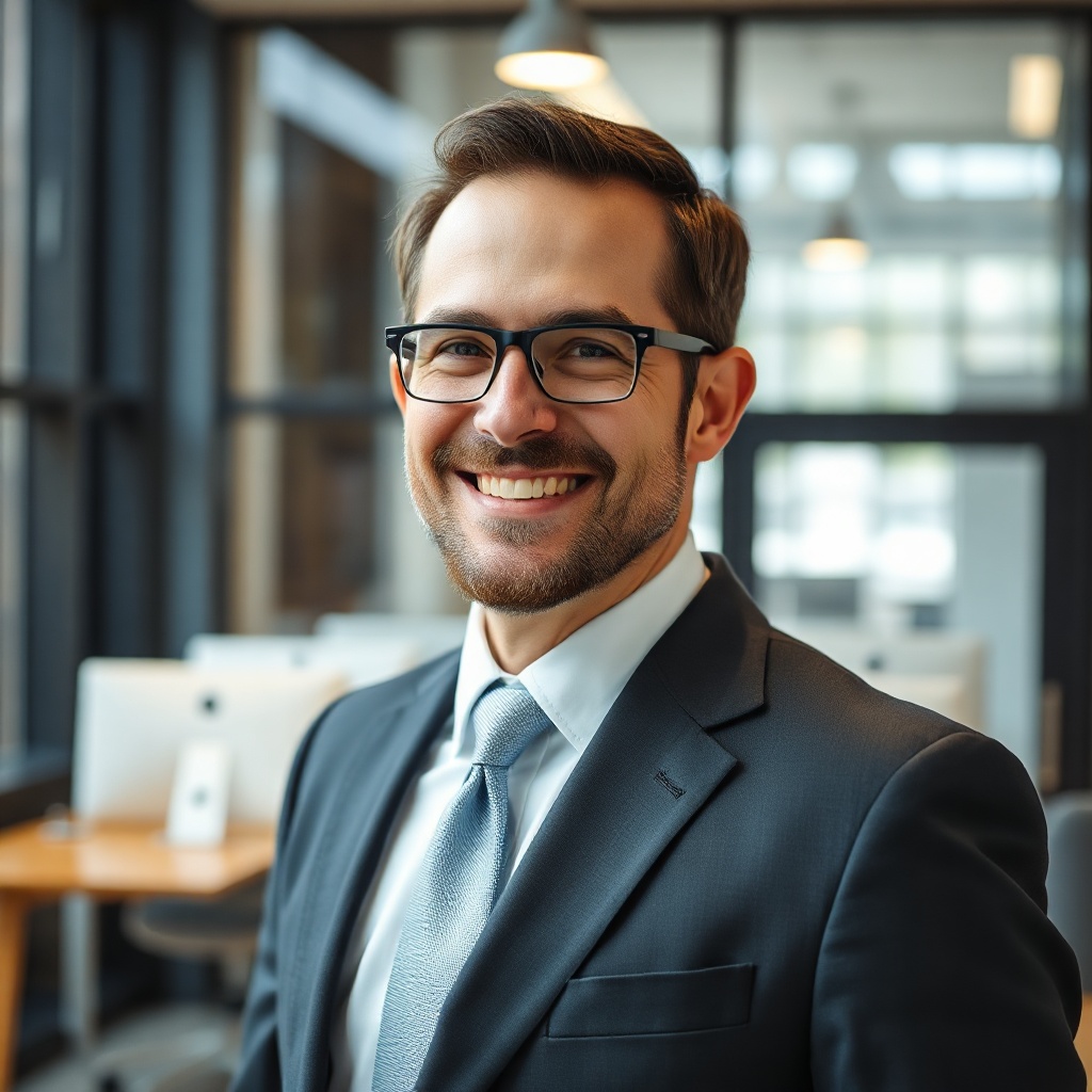 confident man in a suit smiling in a modern office, professional success