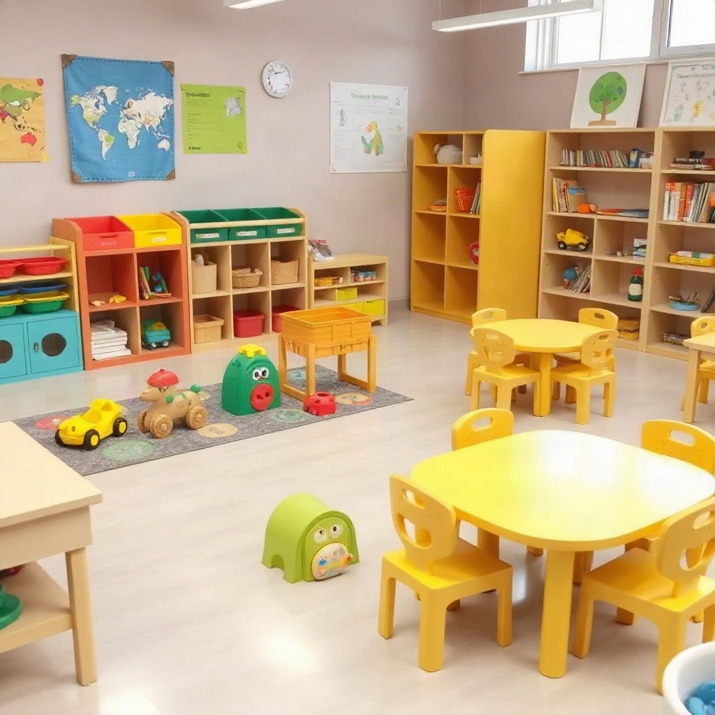 educational toys and bright furniture in a preschool classroom, clean and stimulating
