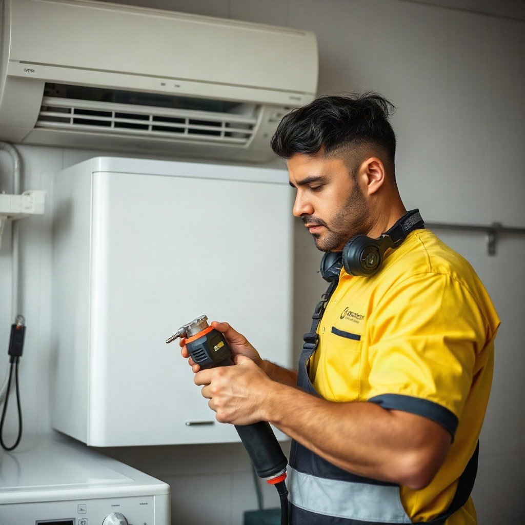 maintenance worker or technician repairing domestic appliance or AC, professional tools, focus on re