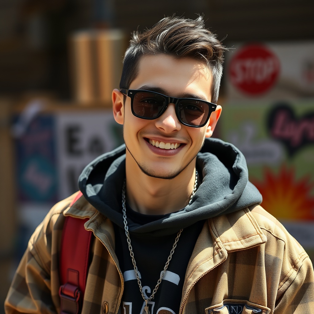 portrait of a young man streetwear collector, candid smile, natural light