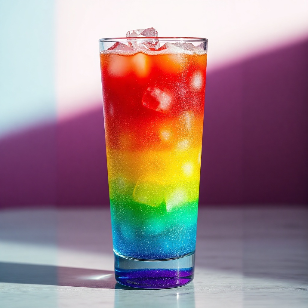 sparkling rainbow fruity energy drink in a tall glass with ice, LGBTQ pride colors, fun drink
