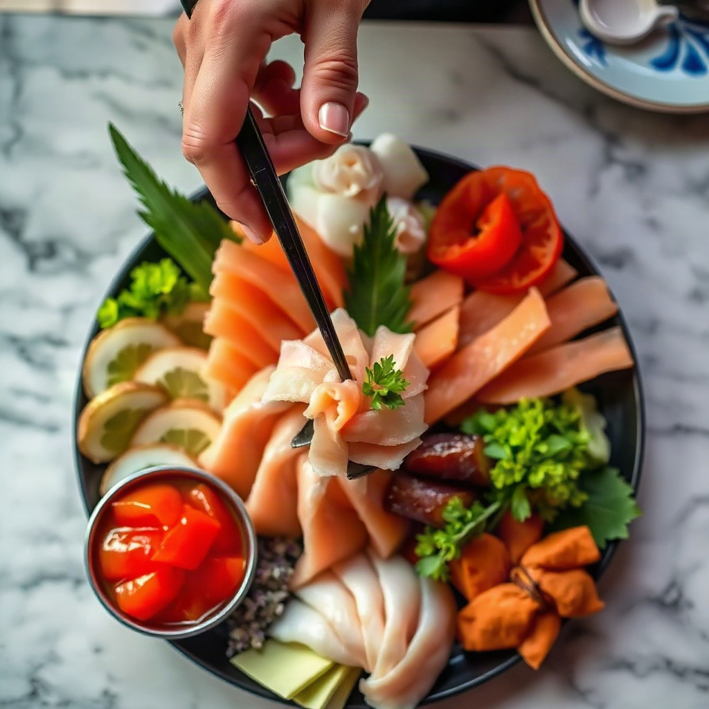 overhead shot of a sashimi platter being served, vibrant colors, artistic presentation
