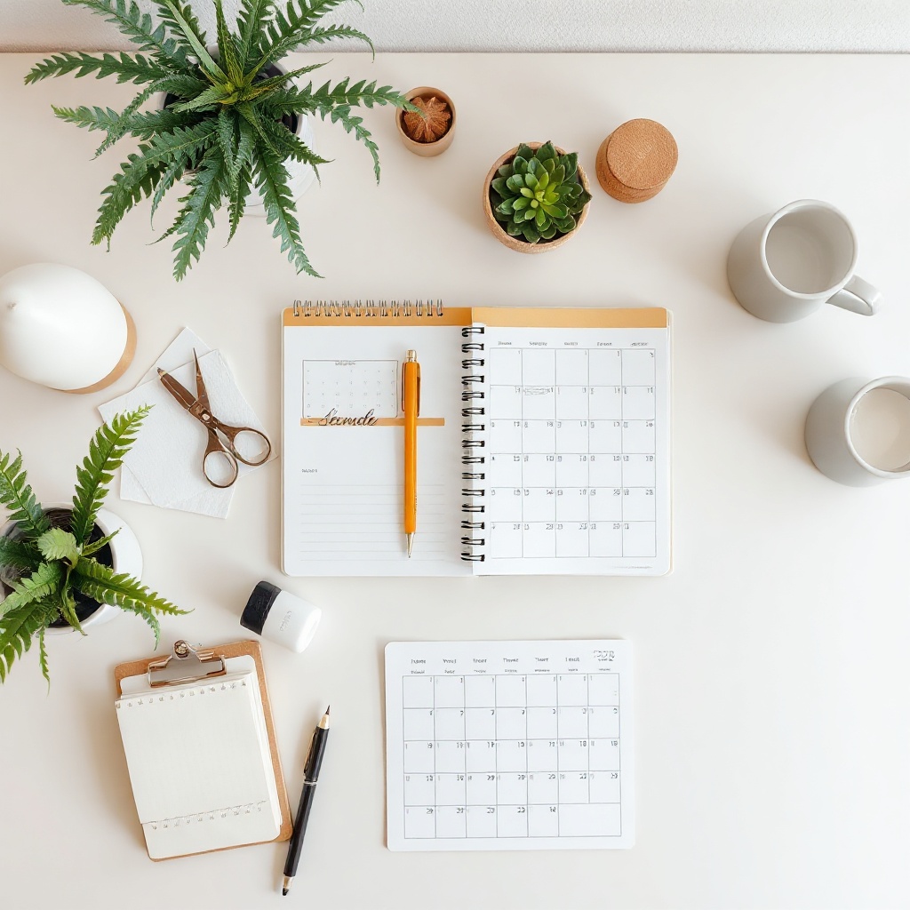 aesthetic top view of a desk with an organized calendar and neutral decor