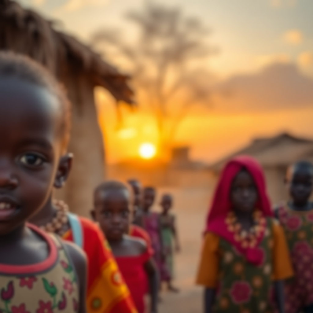 blurred colorful background of village children playing in Togo, warm golden sunset colors, cinemati