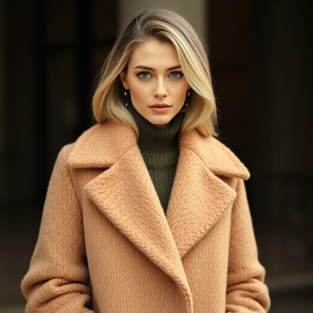 woman wearing luxurious wool coat in beige and cream tones, upscale fashion editorial photography