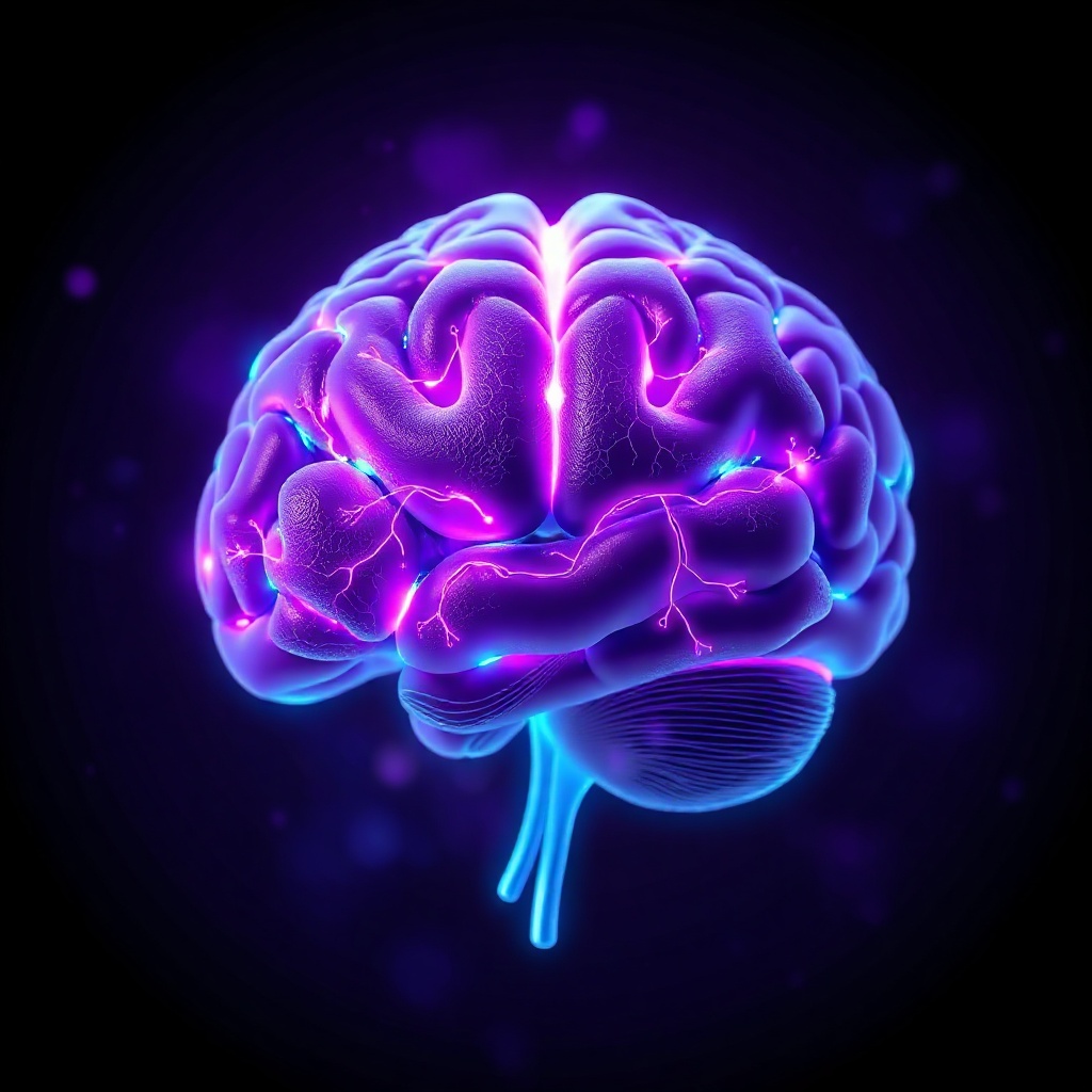 High-detail 3D anatomical render of a glowing human brain, vibrant neural pathways and activity node