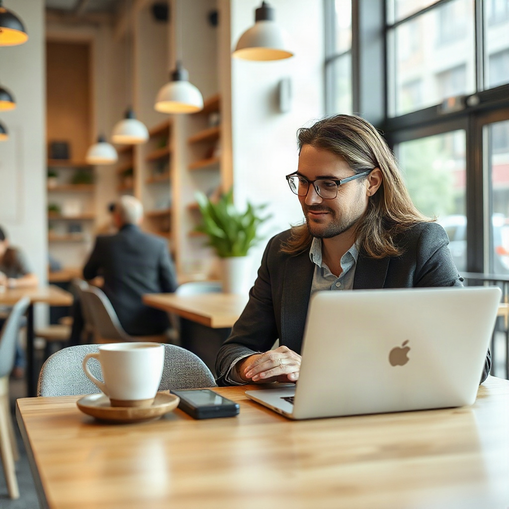 professional working on a laptop in a bright modern coffee shop, urban lifestyle