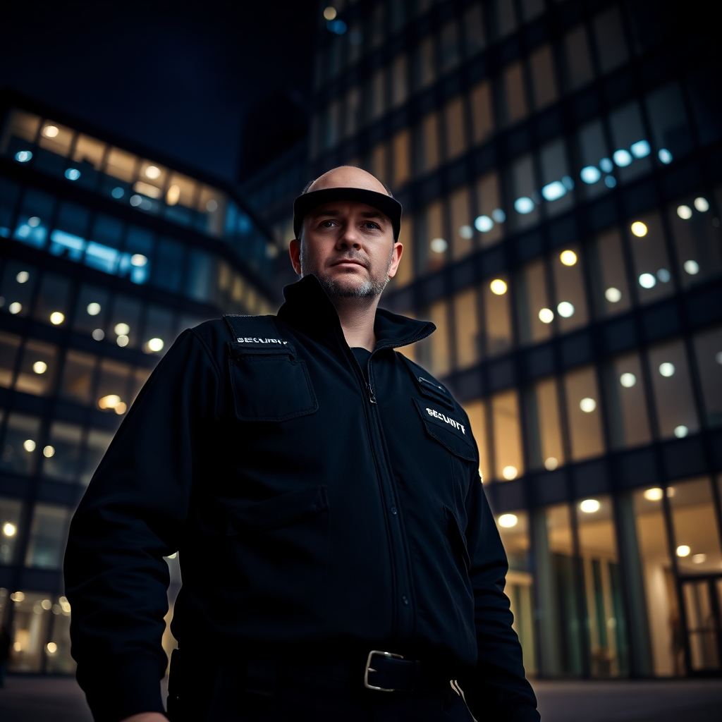 professional security guard in dark tactical uniform standing in front of illuminated modern glass b