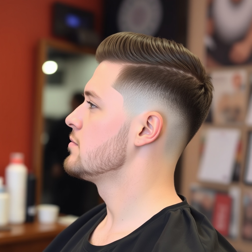men's sharp fade haircut, side profile, barbershop background