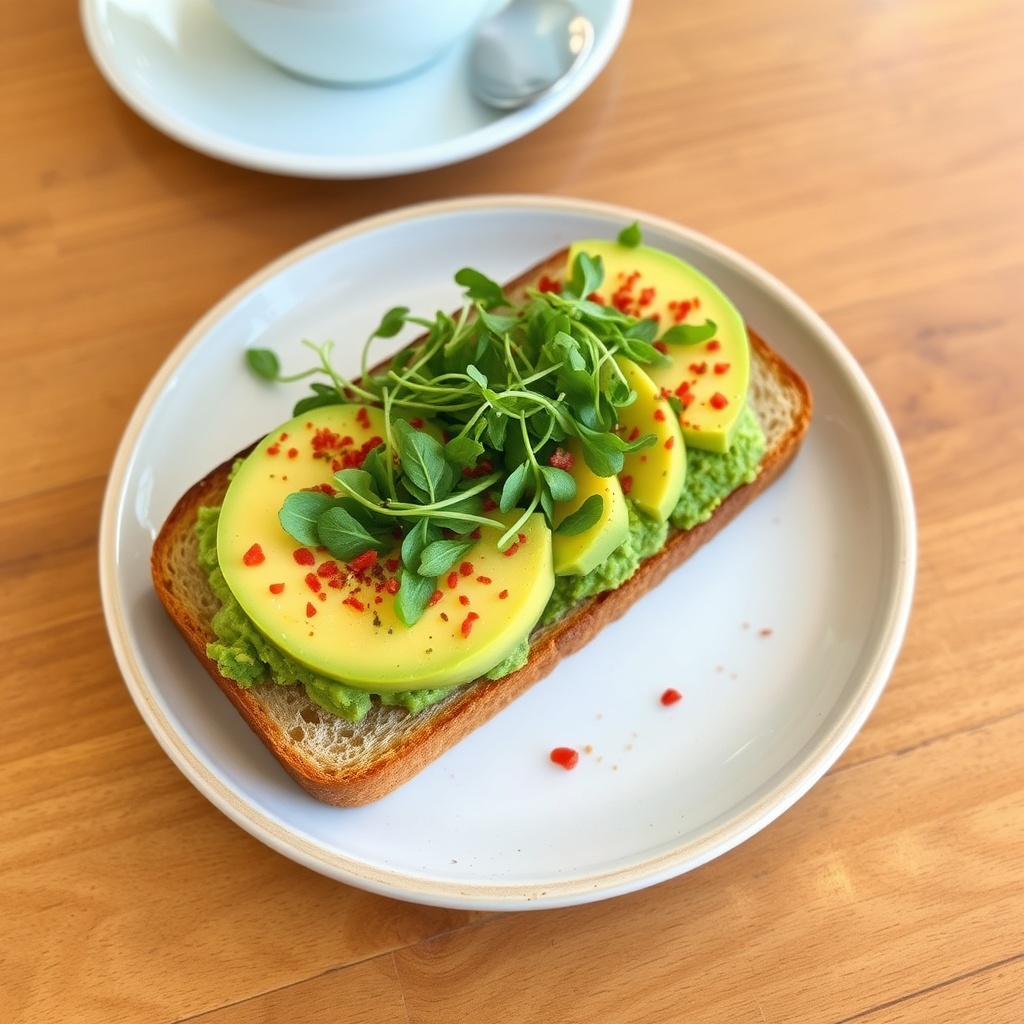 avocado toast on sourdough bread with micro greens and red pepper flakes, cafe breakfast