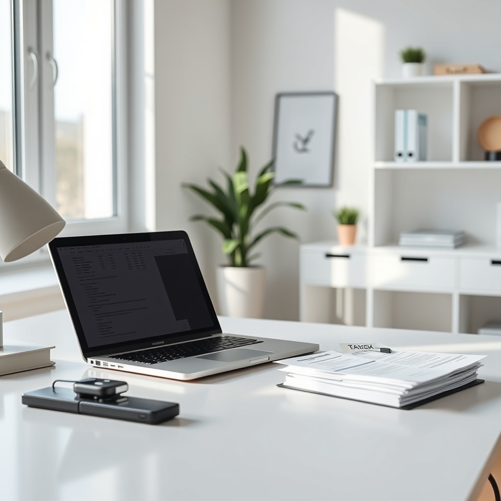 tax forms and laptop on modern desk, clean minimal office, bright natural light