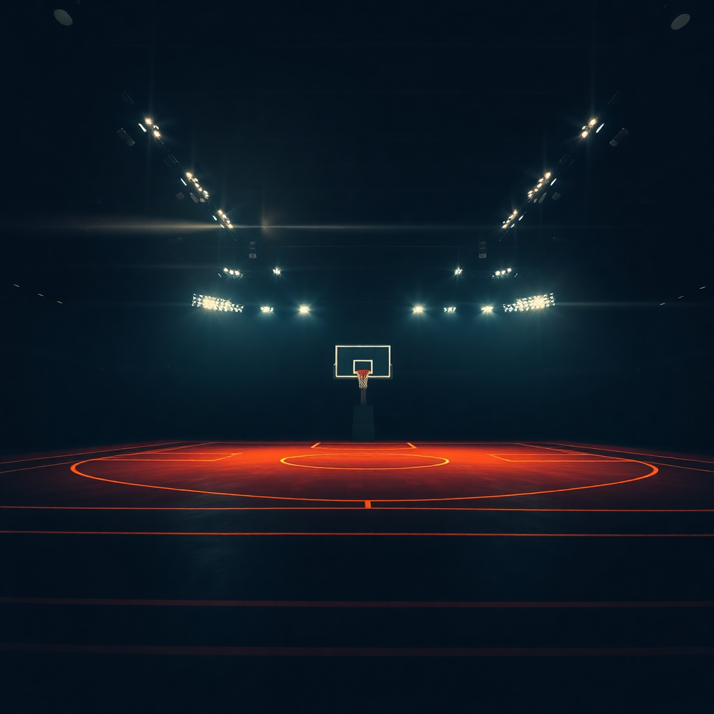 dark basketball court at night with spotlights