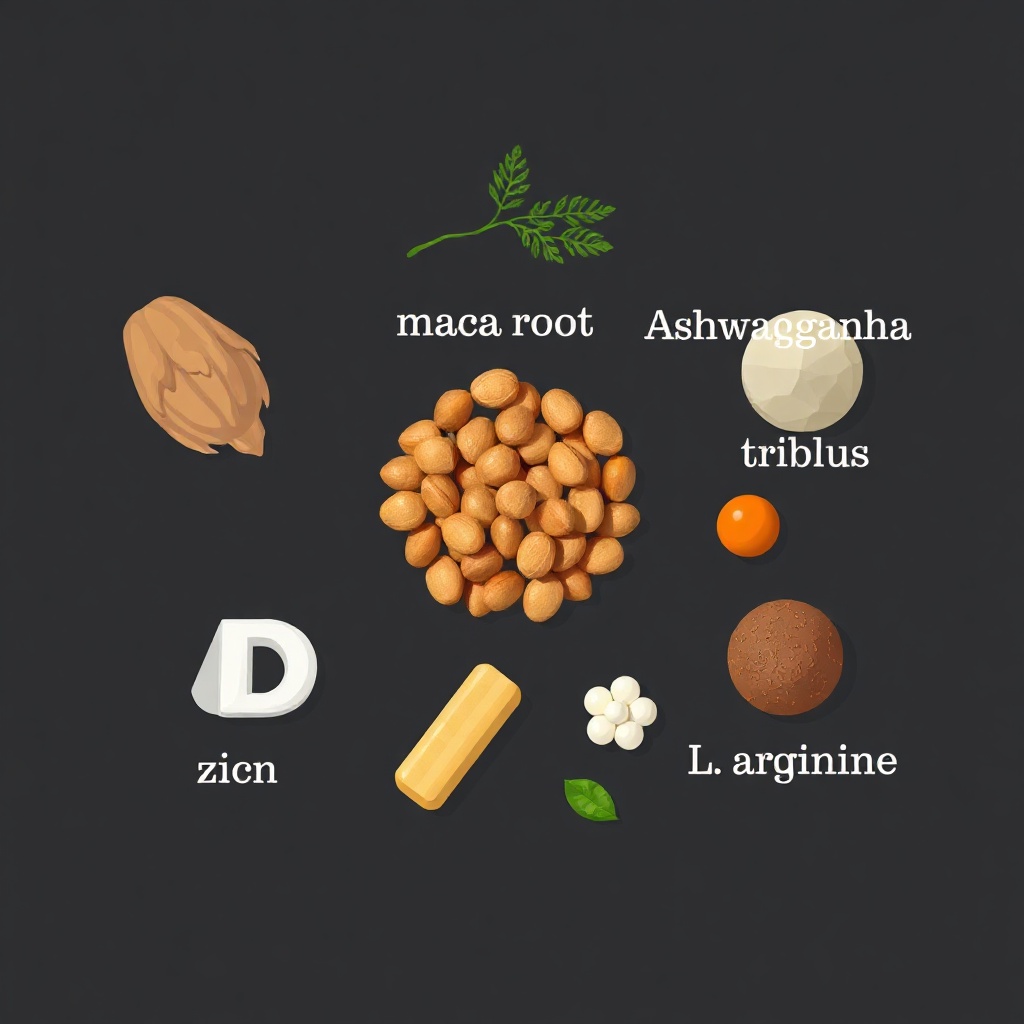HorsePulse natural ingredients illustration – maca, ashwagandha, tribulus, zinc, vitamin D