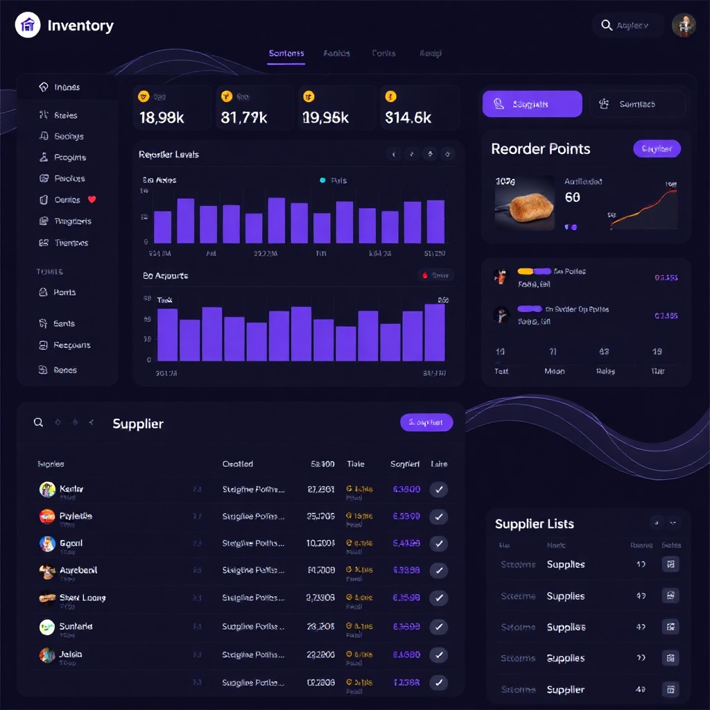 Detailed dark UI dashboard for restaurant inventory management, stock levels, reorder points, and su