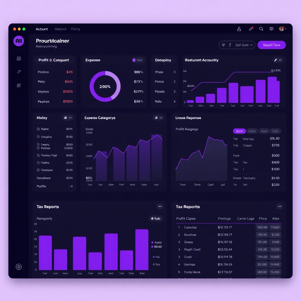 Detailed dark UI dashboard for restaurant accounting, profit and loss charts, expense categories, an