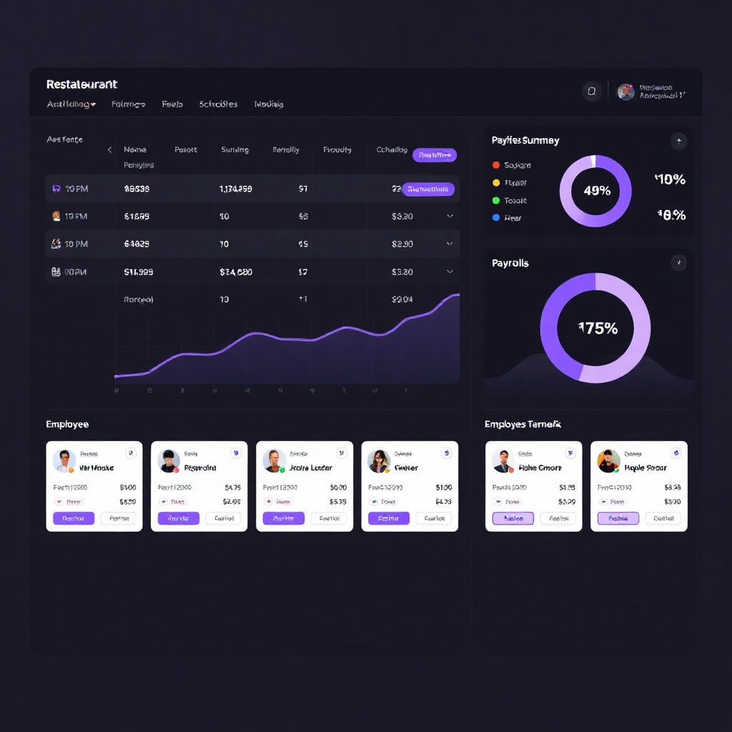 Detailed dark UI dashboard for restaurant staff scheduling, payroll summary, and employee performanc