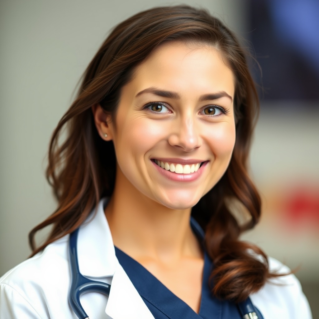 portrait of a smiling female medical doctor in scrubs, professional headshot