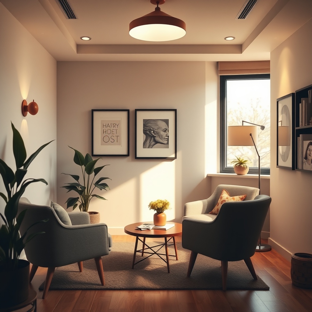modern cozy psychology consultation room, warm lighting, professional yet inviting atmosphere, edito