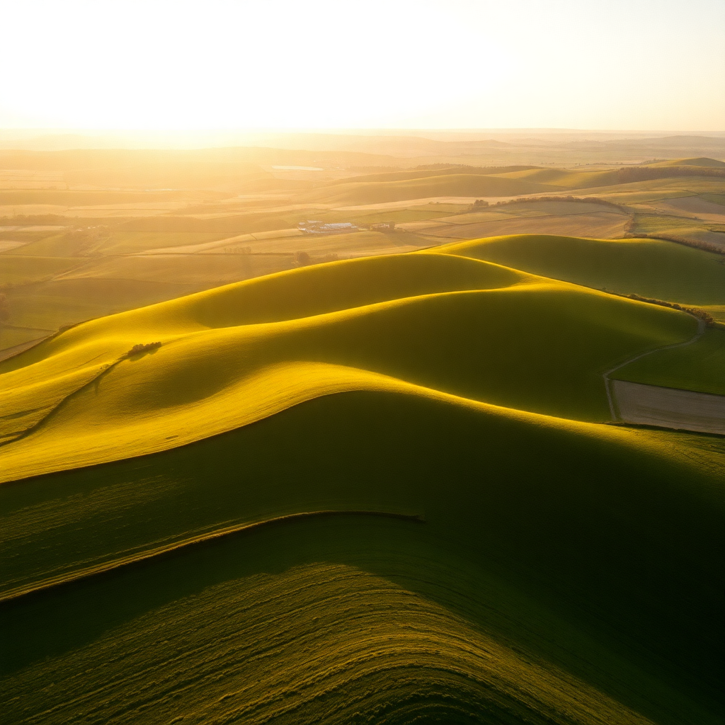 aerial view South Downs West Sussex rolling green hills summer golden hour patchwork fields, editori