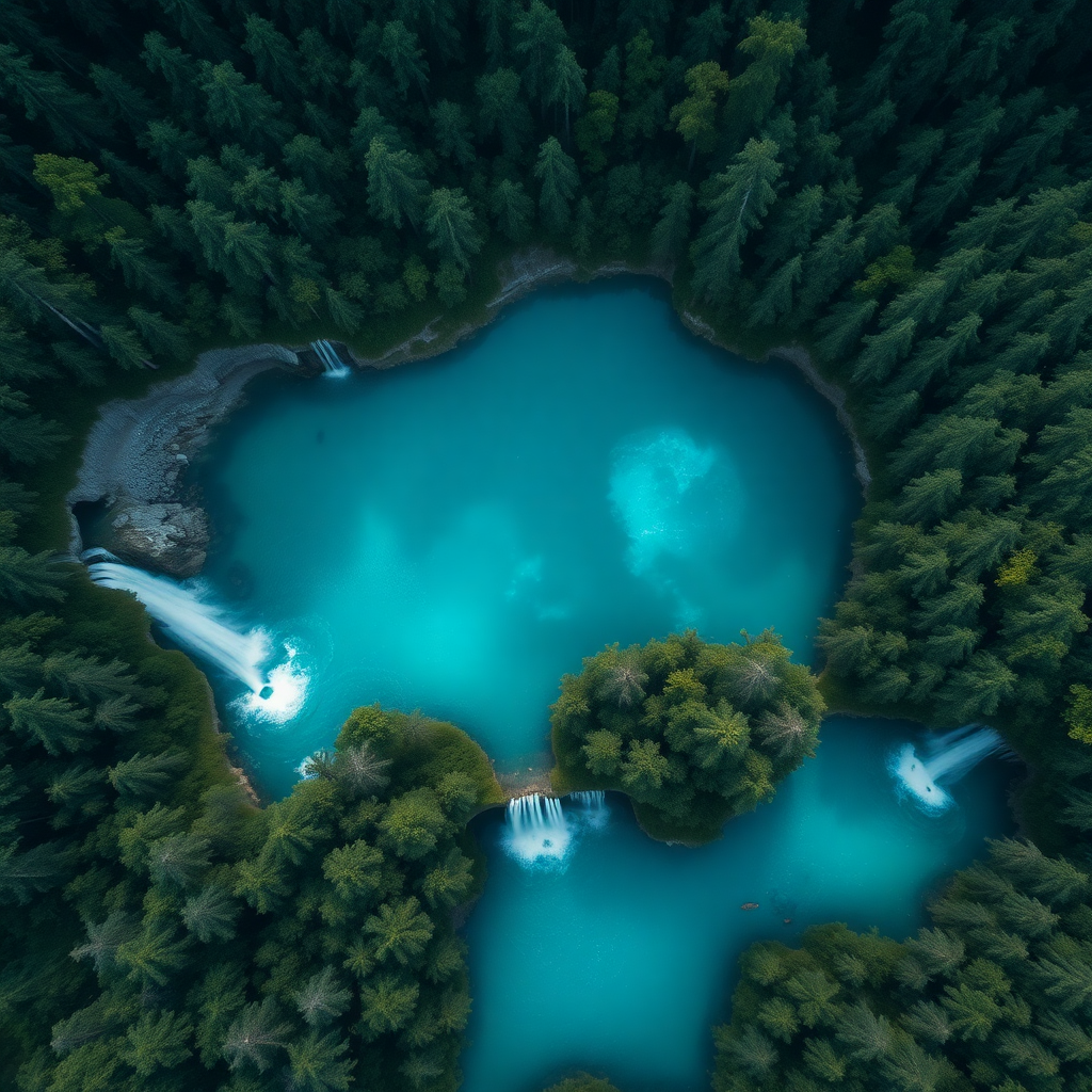 Plitvice Lakes Croatia aerial overhead view of turquoise lakes and waterfalls in forest, dark moody 