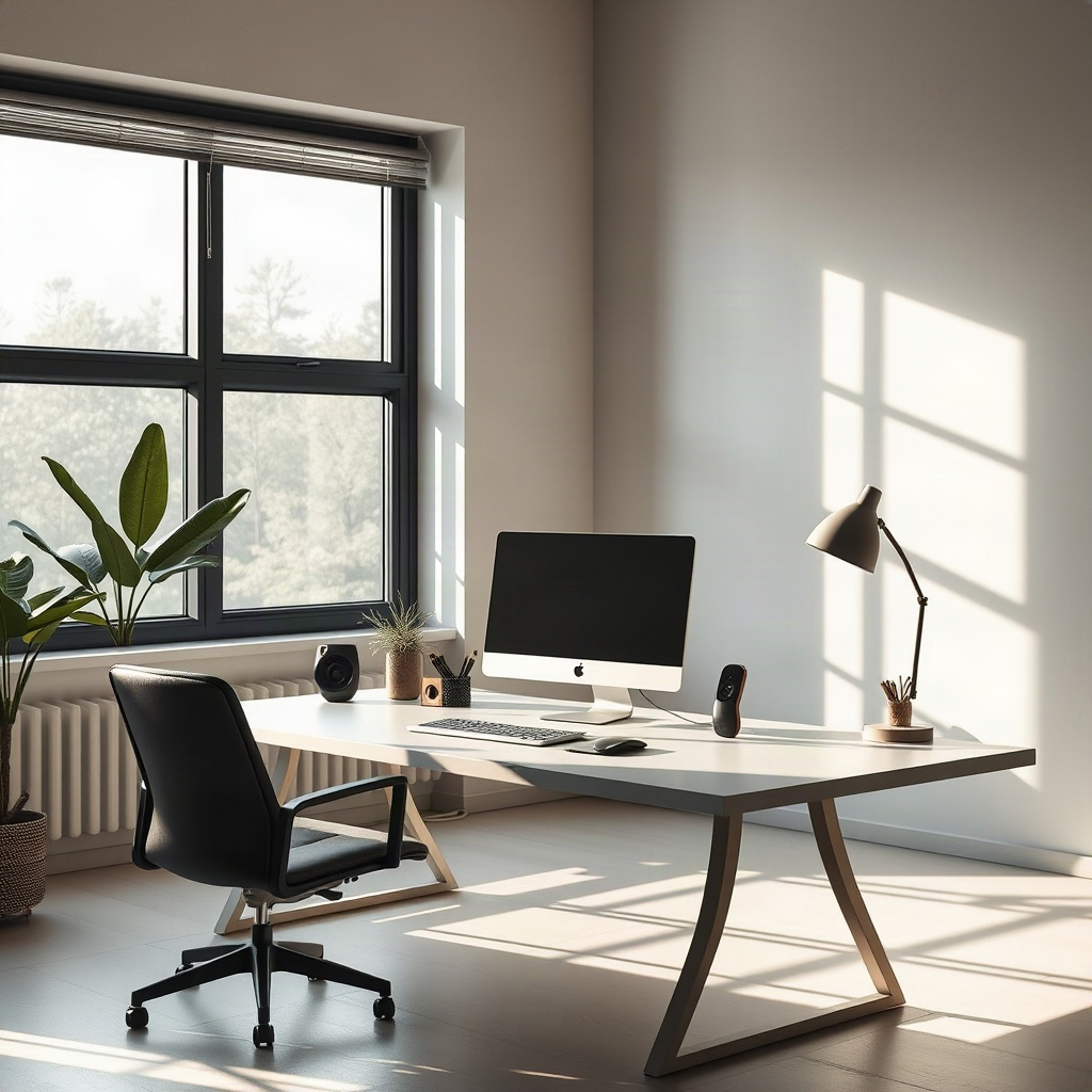 modern minimalist workspace with high-end tech, soft morning light, editorial photography