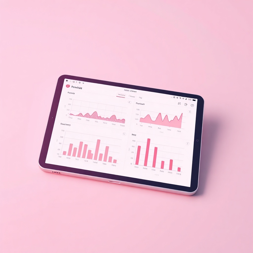 minimalist 3D illustration of a futuristic digital medical tablet showing charts, soft pink tones