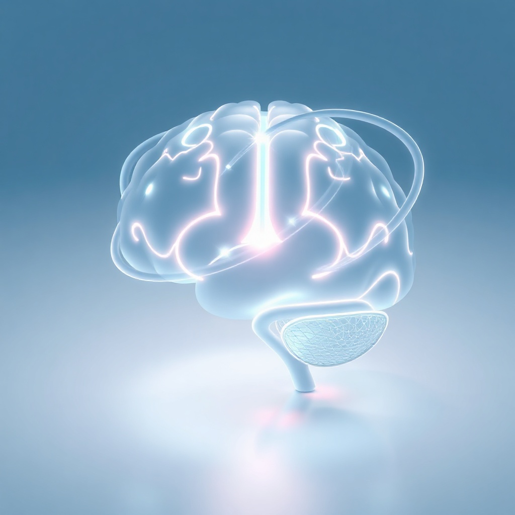 minimalist 3D illustration of a glowing brain orb with swirling data streams, soft blue tones