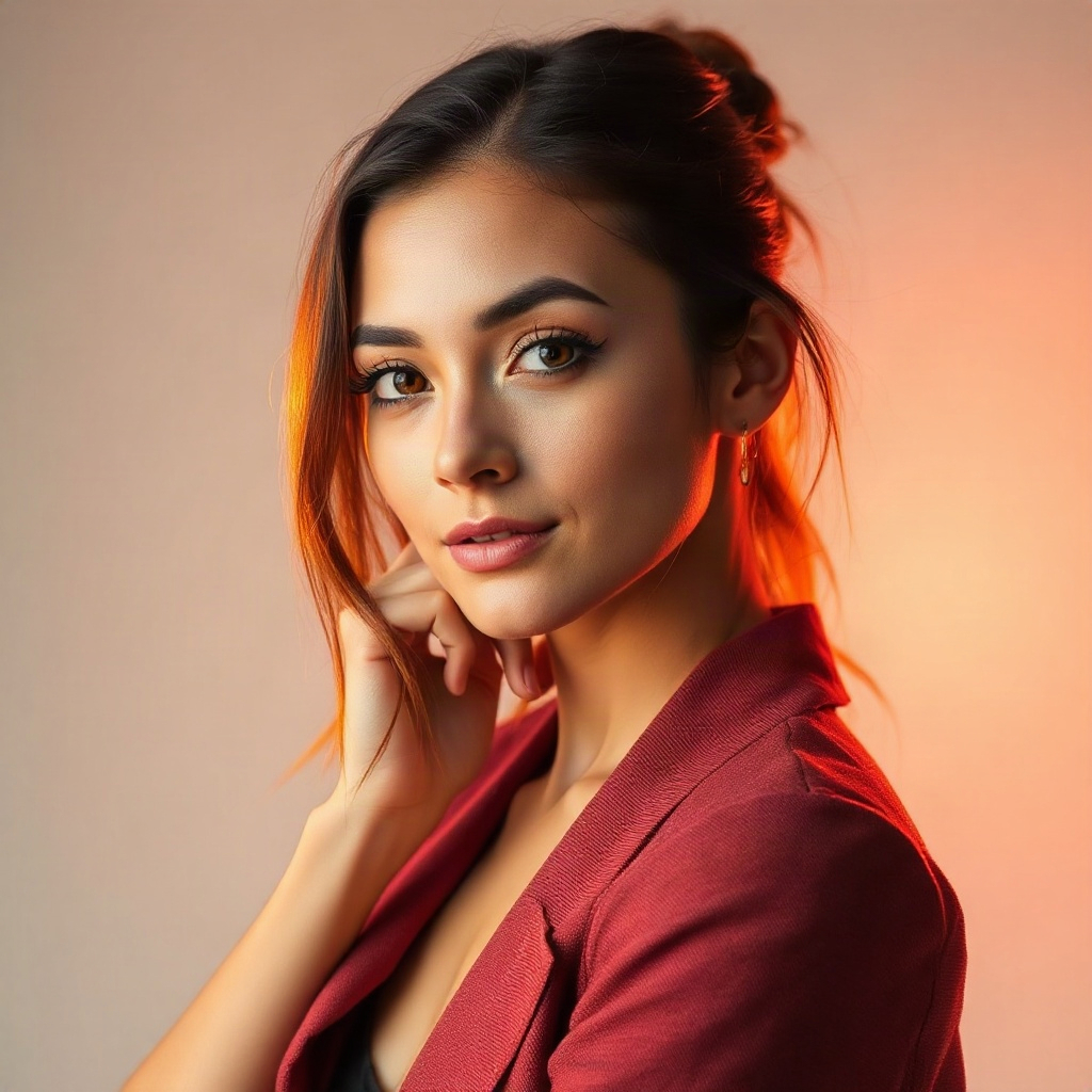 dramatic portrait of a creative professional in a minimal studio, soft warm side lighting, high-end 