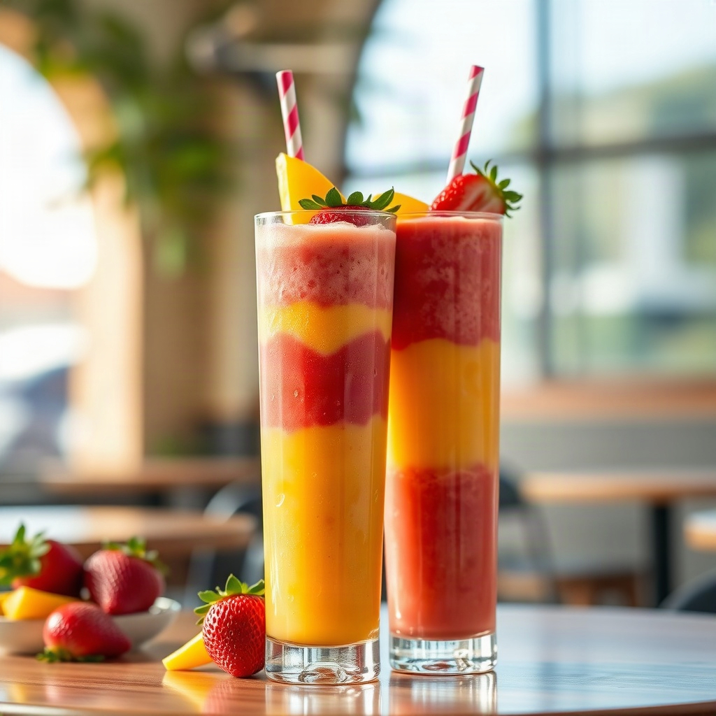 Two tall glasses of layered mango and strawberry smoothies with fresh fruit garnish
