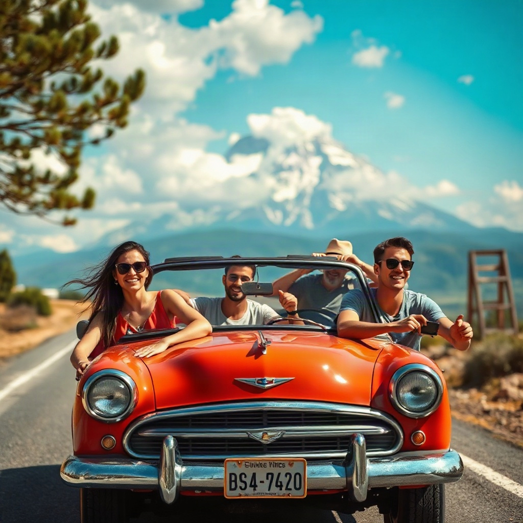 happy group of friends on a scenic road trip with a vintage car, mountain background