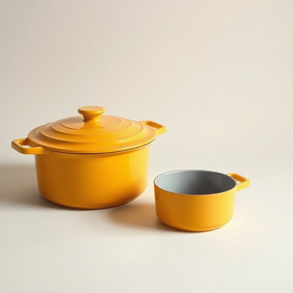 modern mustard yellow ceramic dutch oven and small pot on a light background, minimalist kitchenware