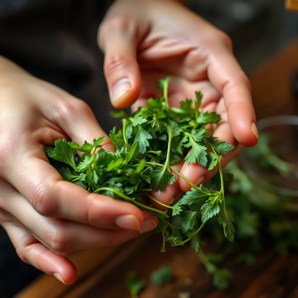 close up of hands preparing fresh herbs, artisanal cooking, culinary detail