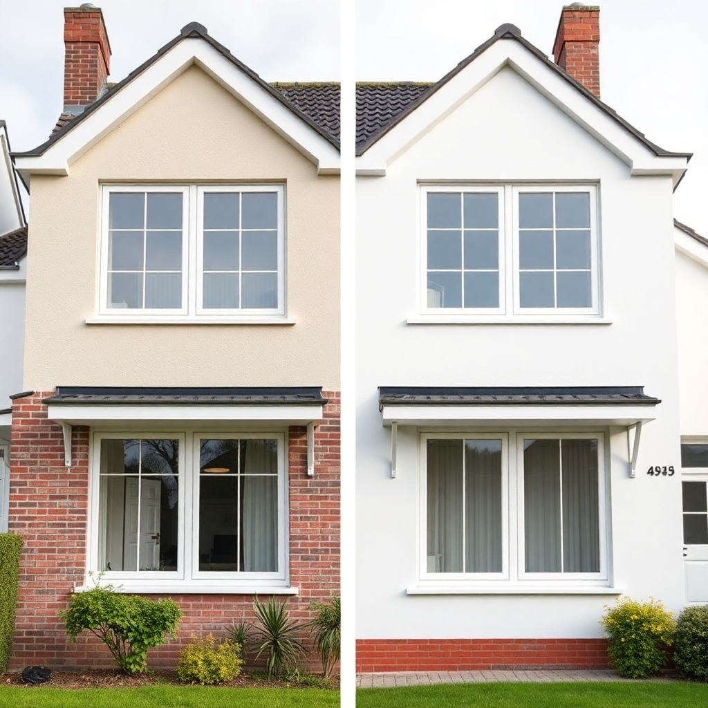 Dutch house renovation with new white PVC window frames installed, before and after, modern clean lo