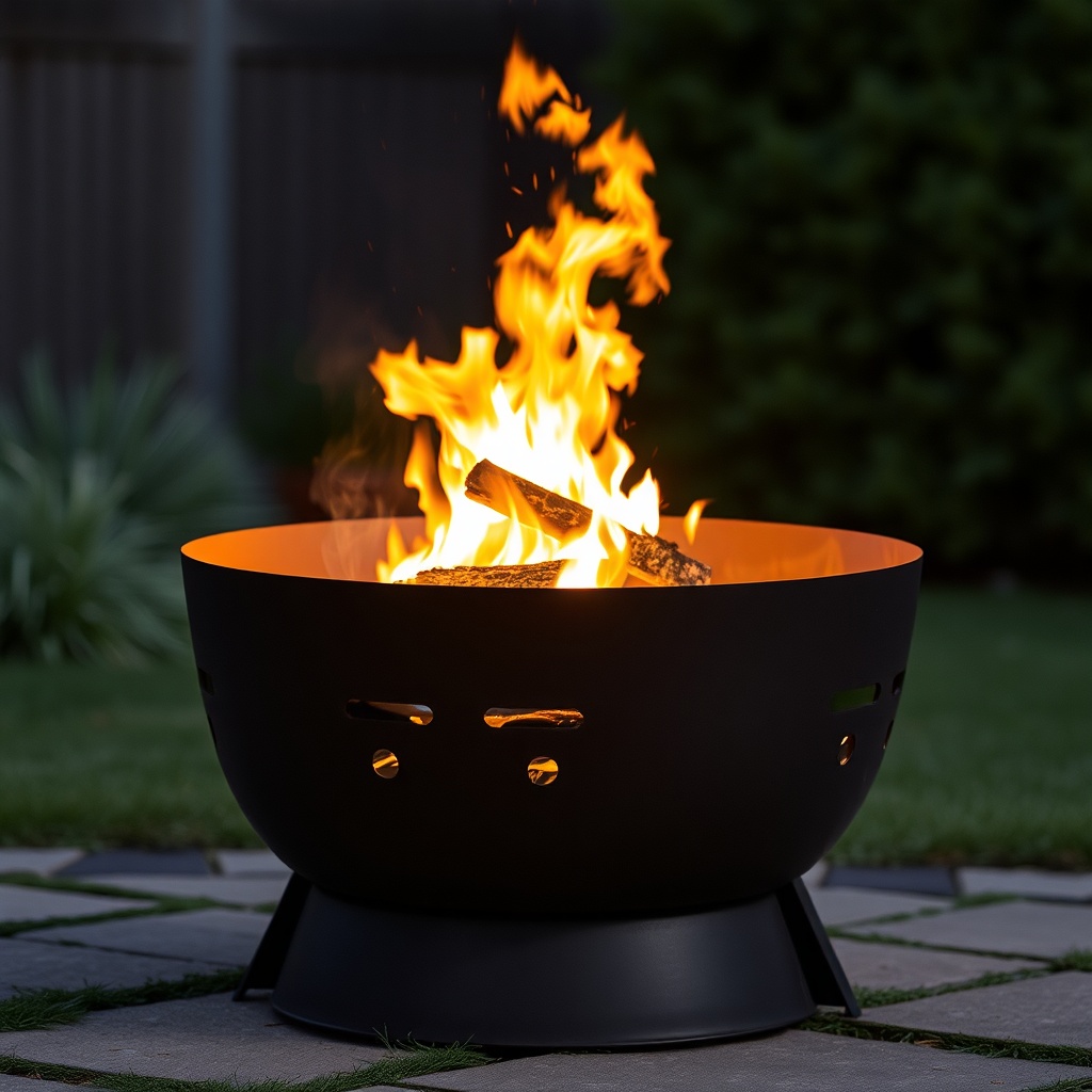 outdoor steel fire pit with burning fire, dark garden setting, dramatic warm firelight, premium prod