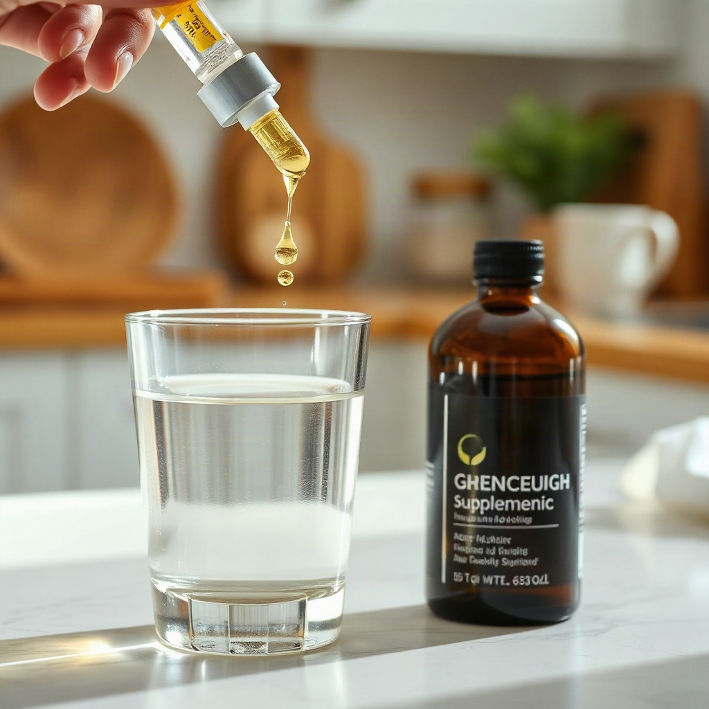 Liquid supplement drops being dispensed from a glass dropper into a glass of water on a bright kitch