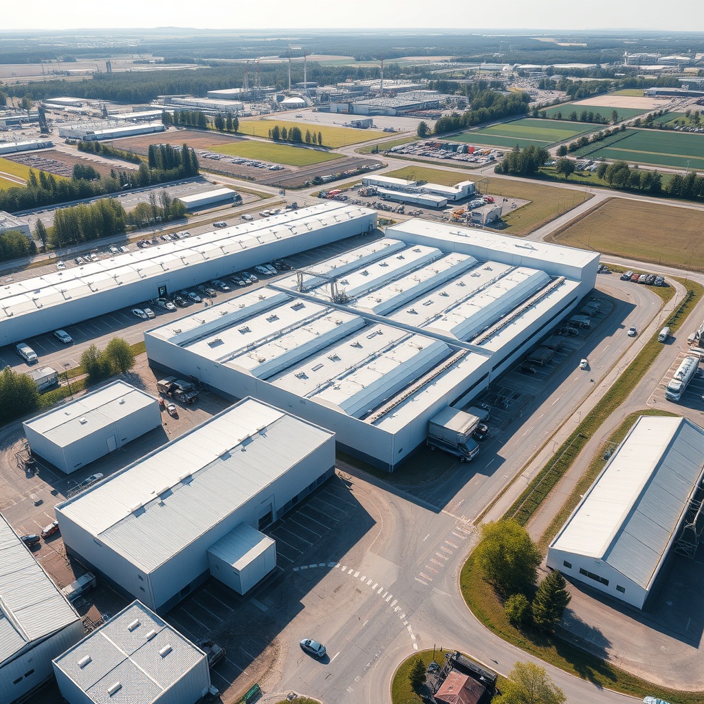 aerial view modern European manufacturing facility, clean industrial complex, aerial drone photograp